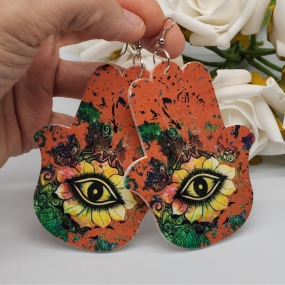 ❤️ Hamsa Hand Jewelry large  Earrings Boho Moroccan Ethnic big Wood Hamsa